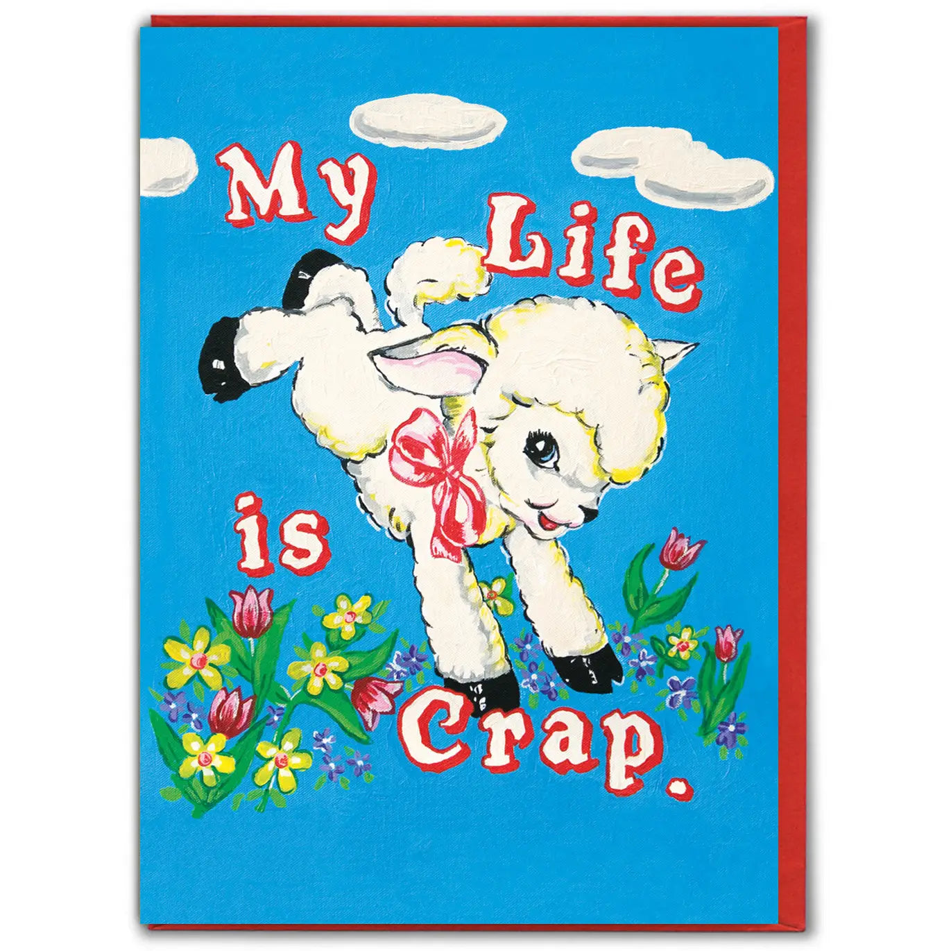 Card with cartoon lamb and text 'My Life is Crap' on a blue background