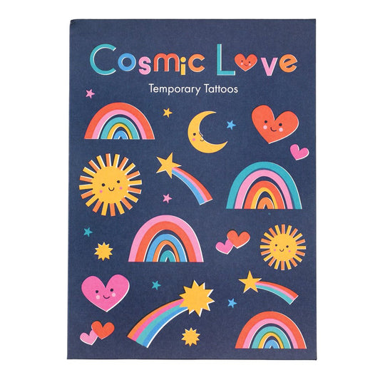 Cosmic Love temporary tattoo sheet. The tattoos include rainbows, hearts, stars, suns and moons in bright colours. 