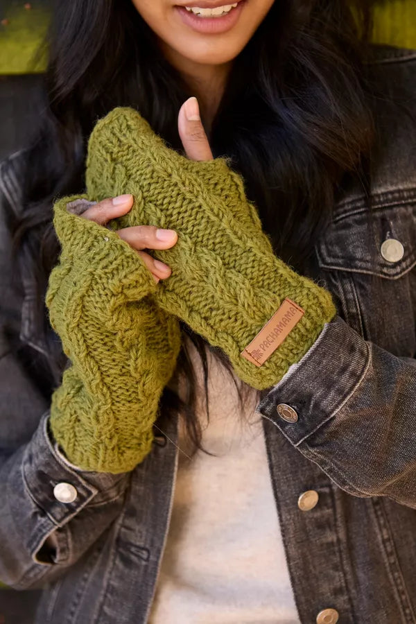 Pachamama Fairtrade Cableknit Chamonix Wool Fingerless Handwarmers | Moss Green