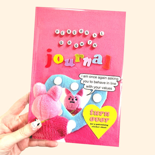 Pink 'Personal Growth Journal' with colorful text and a cartoon character on a light pink background.