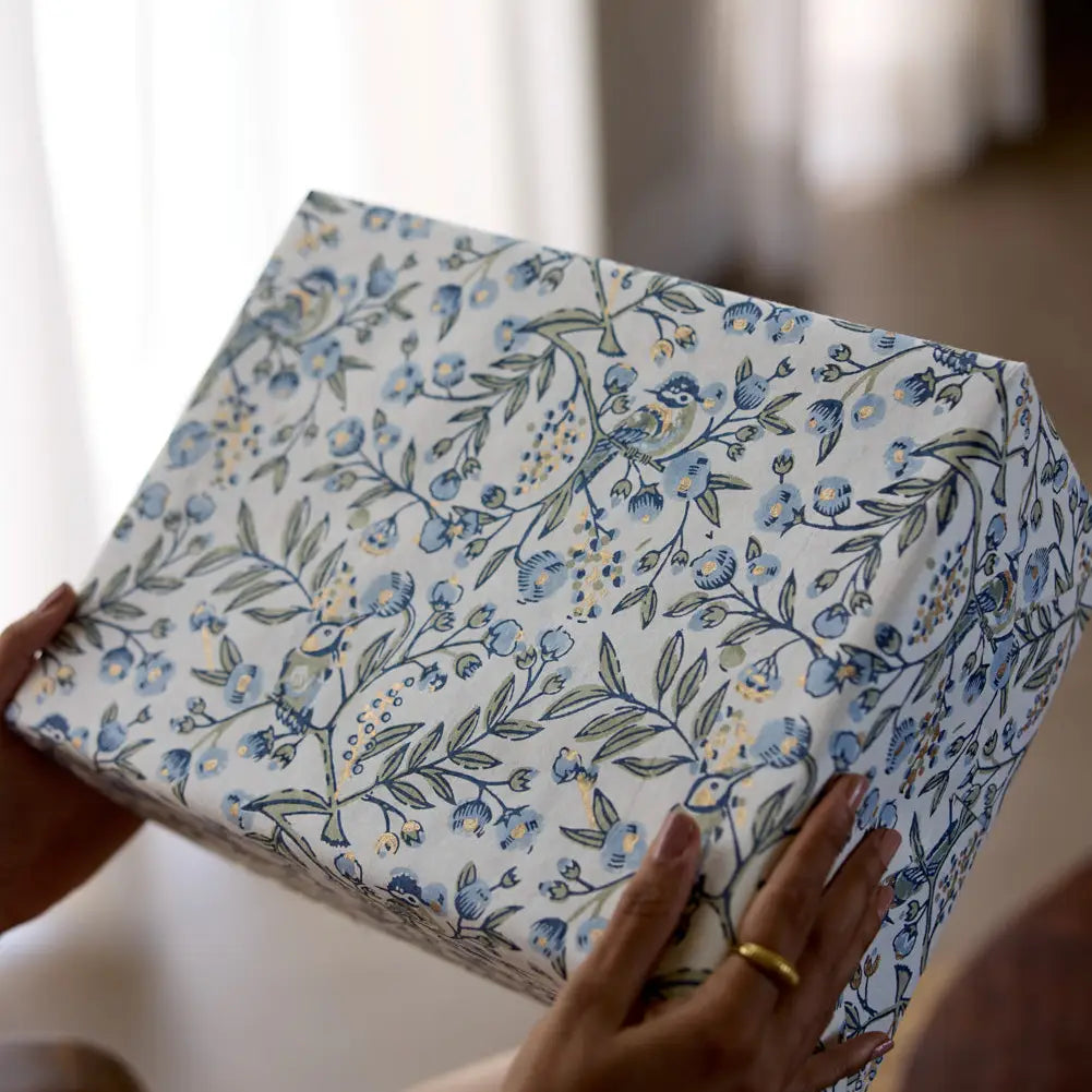 Song Birds Blue Stone | Paper Mirchi Block Printed Wrapping Paper