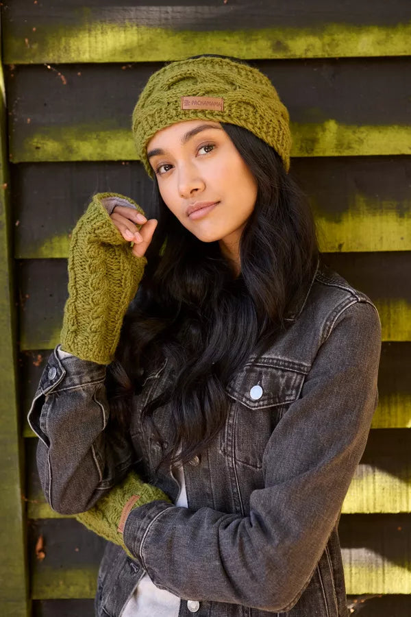 Pachamama Fairtrade Cableknit Chamonix Wool Fingerless Handwarmers | Moss Green