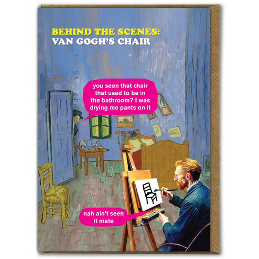 Card with a humorous take on Van Gogh's 'The chair' painting, featuring  text and a chair.
