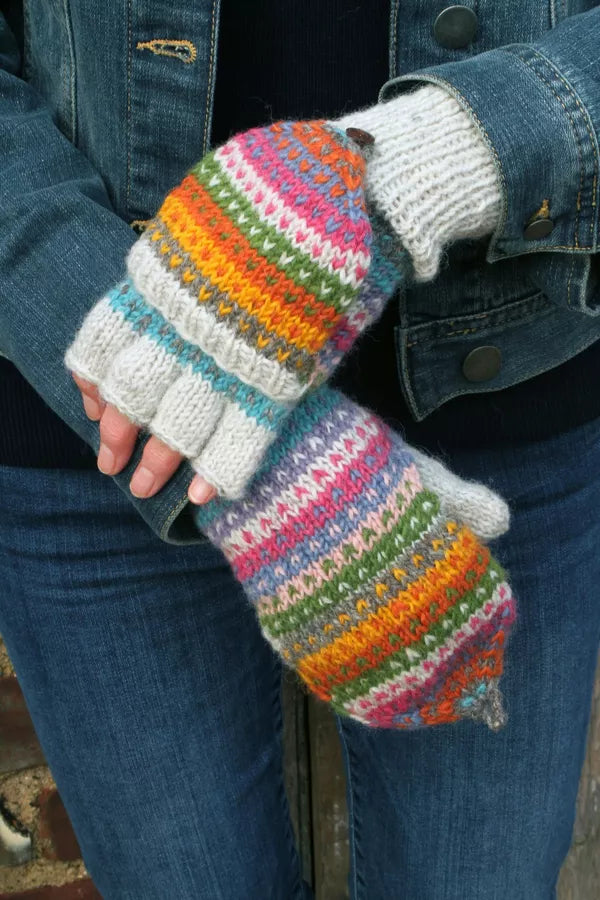 Pachamama Fairtrade Villarica Pastel Stripe | Wool Convertible Mittens