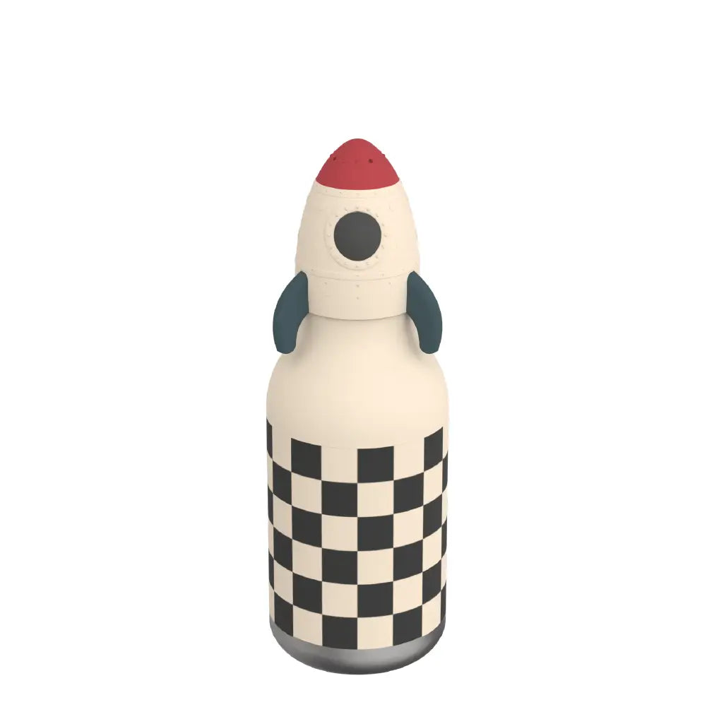 Bestie bottle. Rocket-shaped bottle with checkered pattern on a white background