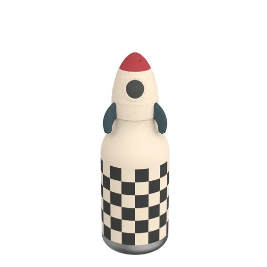 Bestie bottle. Rocket-shaped bottle with checkered pattern on a white background