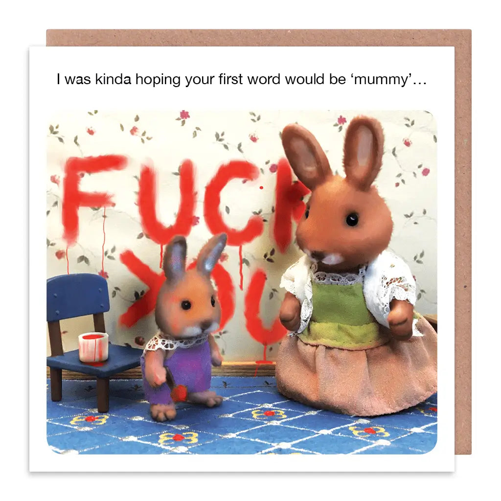 Card with toy rabbits and offensive language on a colorful background
