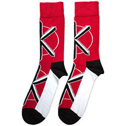 Red socks with geometric black and white pattern on a white background
