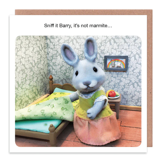 Illustration of a rabbit character in a room with a bed and table, with text 'Sniff it Barry, it's not marmite...'.