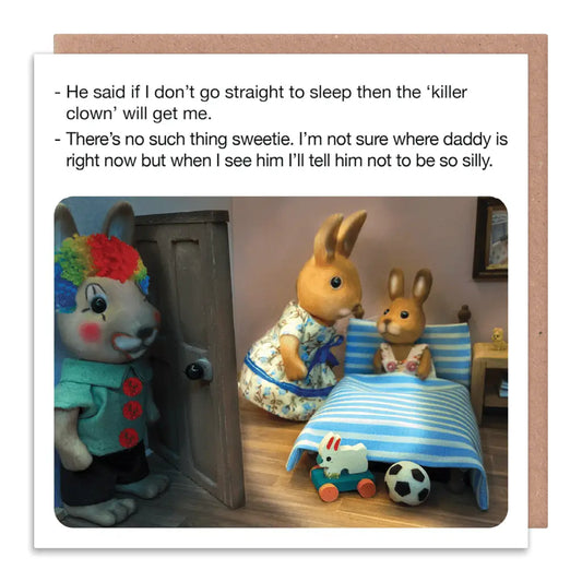 Toy scene with a clown, two bunnies, and a child in bed, with text overlay.