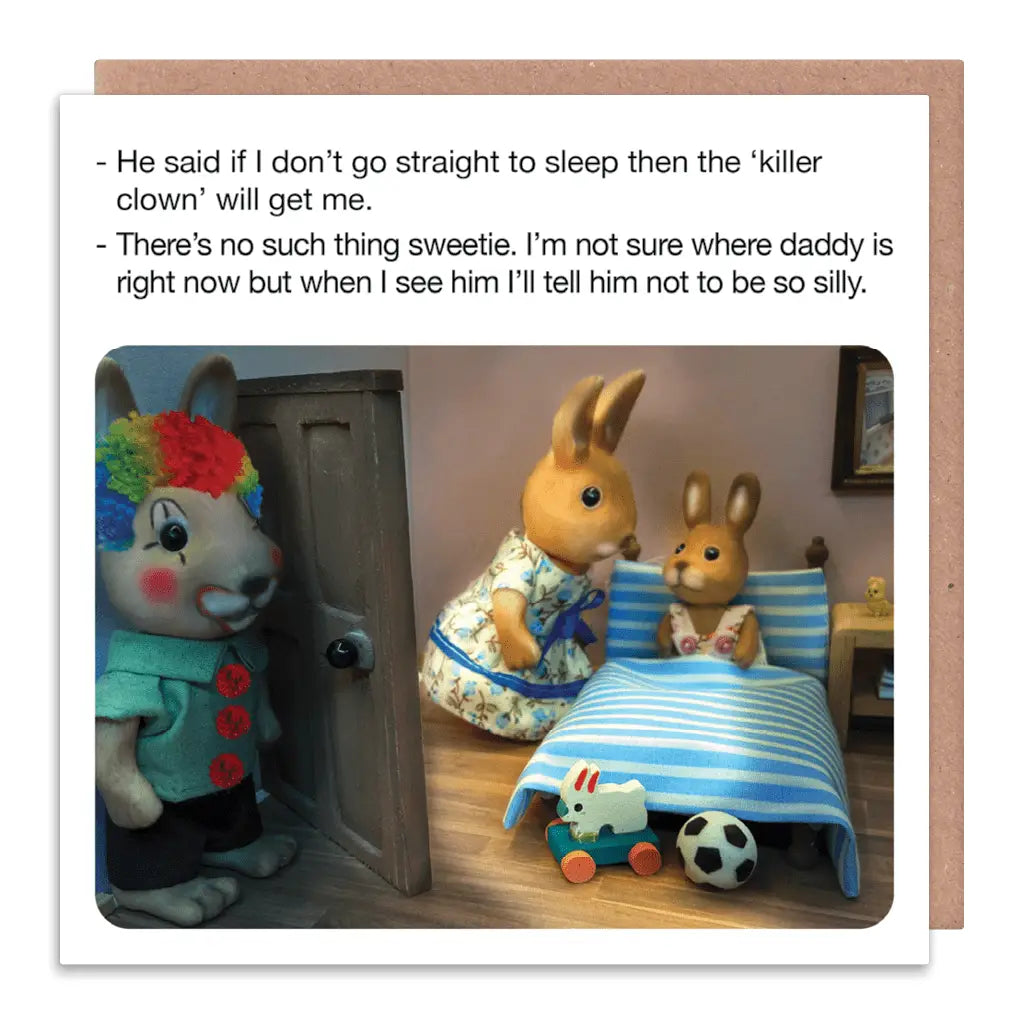 Toy scene with a clown, two bunnies, and a child in bed, with text overlay.