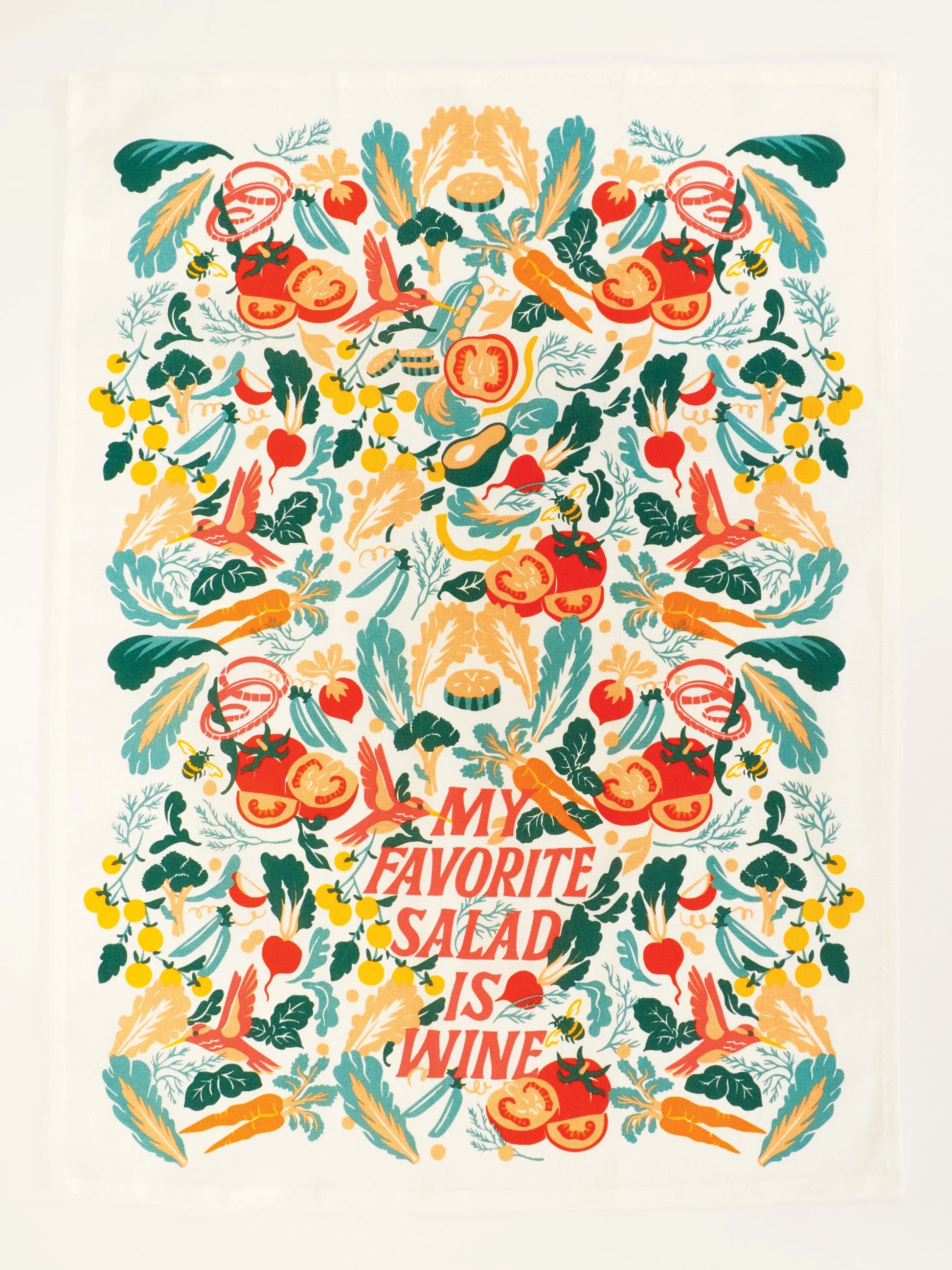 Illustration of vegetables with text 'My Favorite Salad is Wine' on a beige background