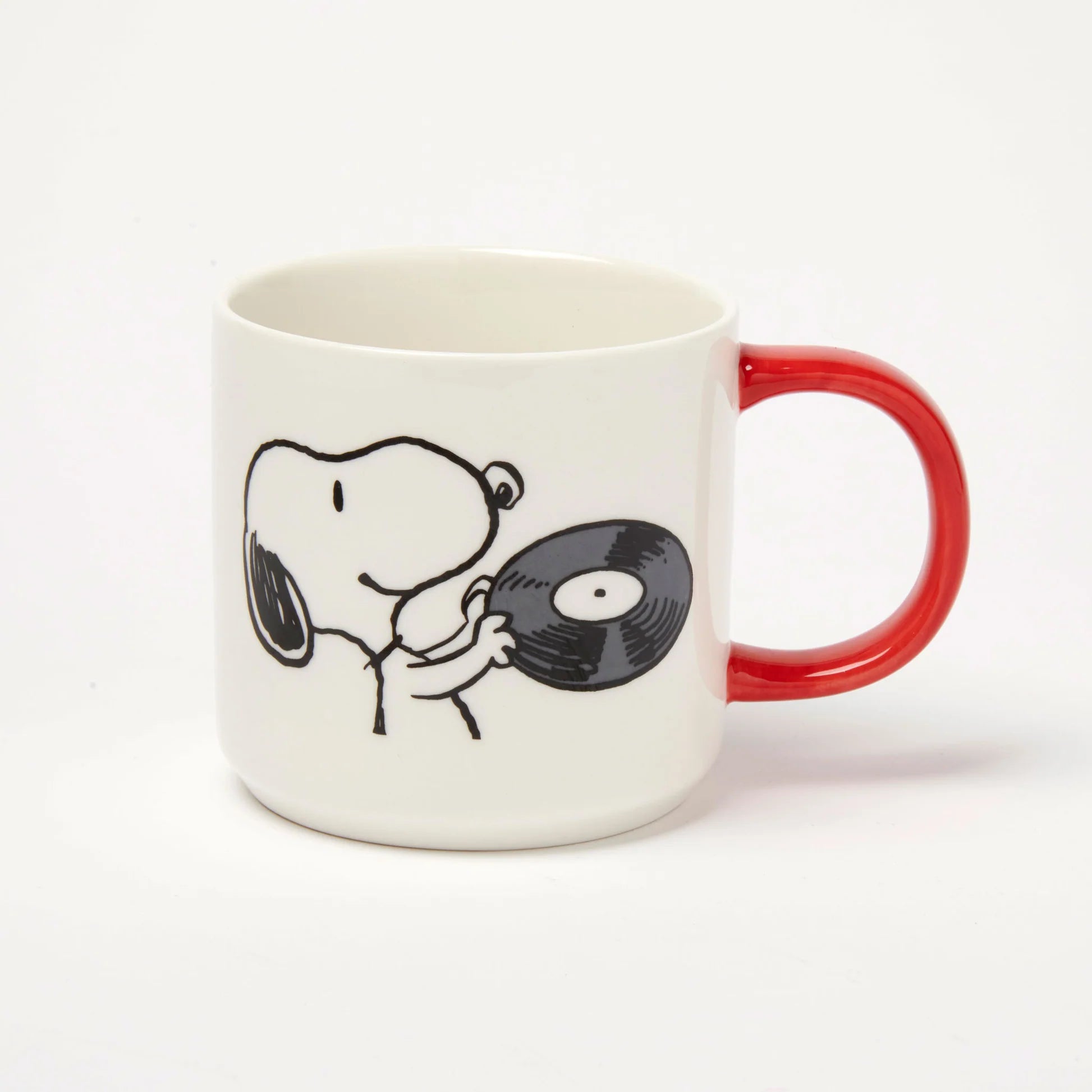 Peanuts x Magpie Music Is Life mug with Snoopy holding a vinyl record design on a white background