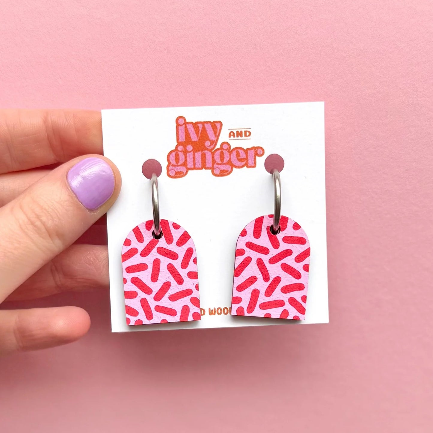 Pink Dash Print Arch | Ivy And Ginger Wooden Earrings