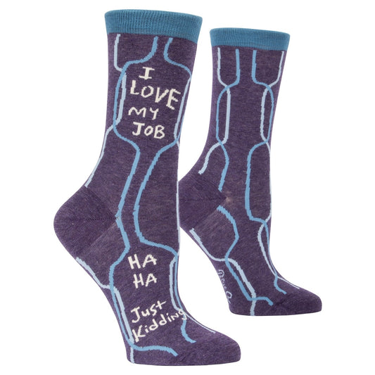 Purple Blue Q socks with text on the top that reads “ I love my job” and then at the bottom reads “HA HA just kidding”