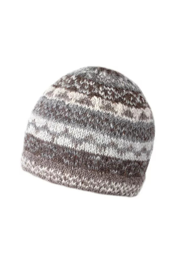 Pachamama Fairtrade Fairisle Style Handknitted Wool Beanie Hat | Neutral Greys