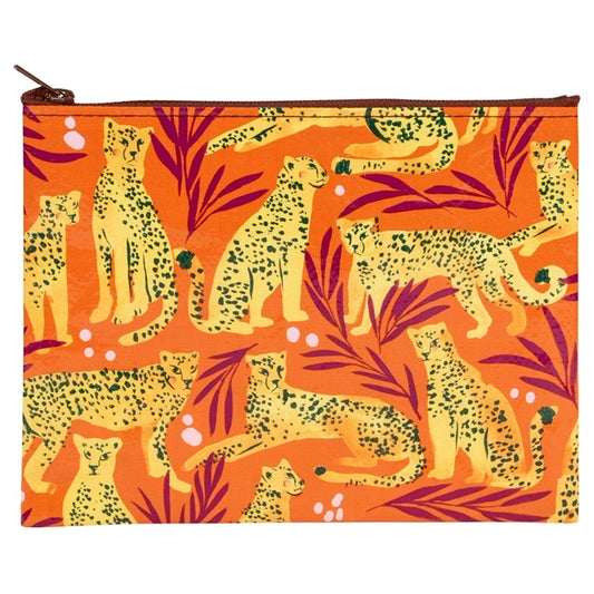An orange Blue Q recycled zipper pouch with cheetahs and maroon leaves all over it.