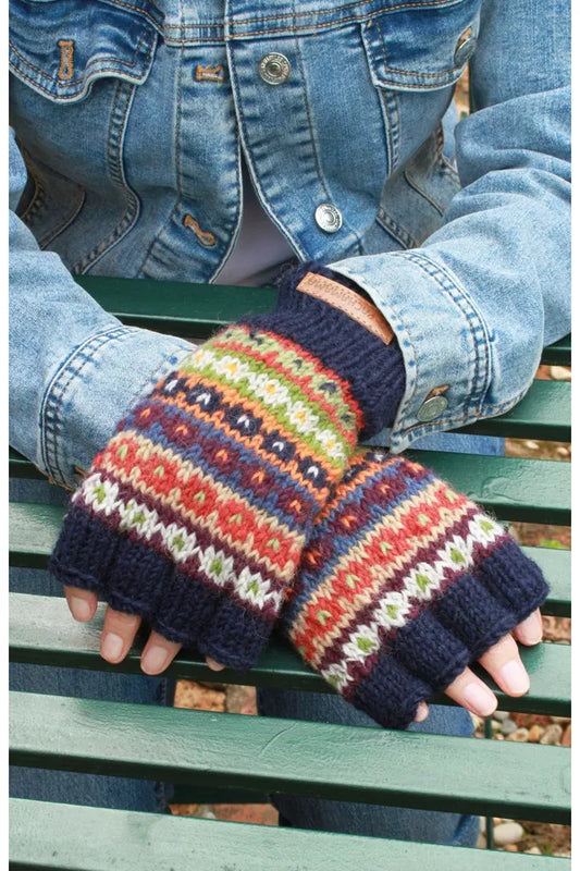 Pachamama Fairtrade Handknitted Fingerless Wool Gloves | Colorado Blue