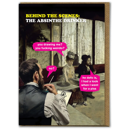 Card with a humorous scene of a man drawing at a table with other people, featuring text bubbles.