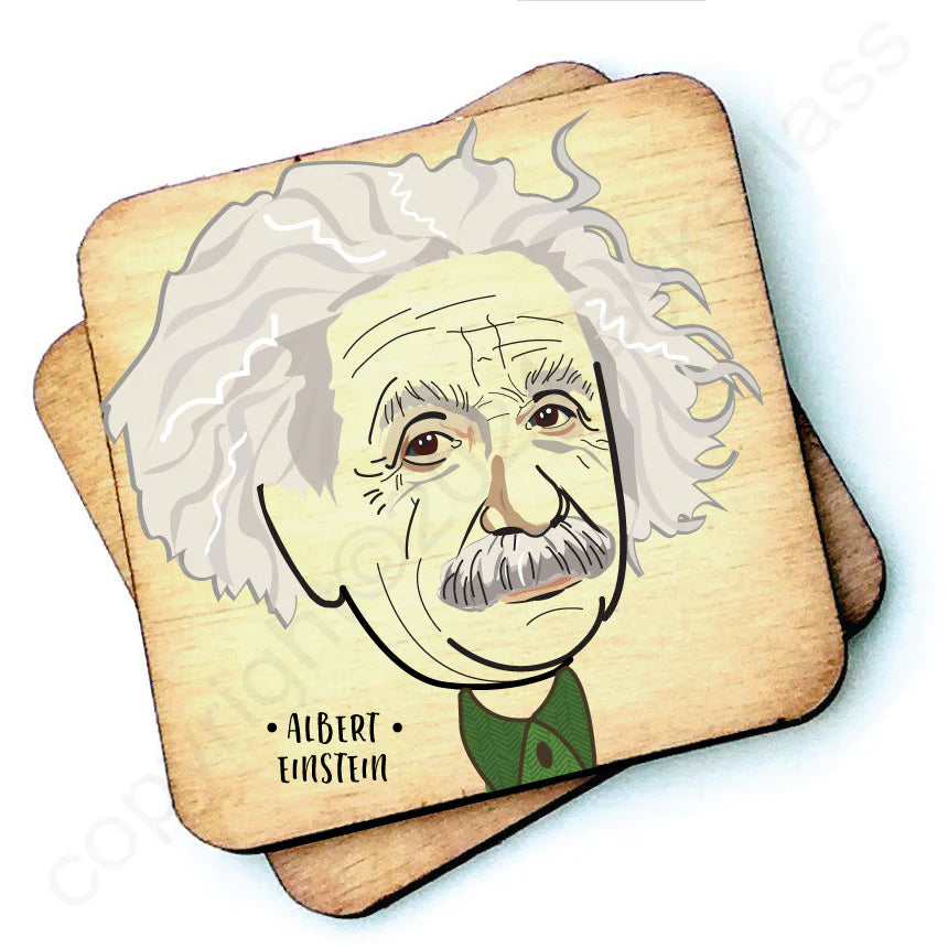 Image shows a wooden drinks coaster with a cartoon graphic of Albert Einstein on the front