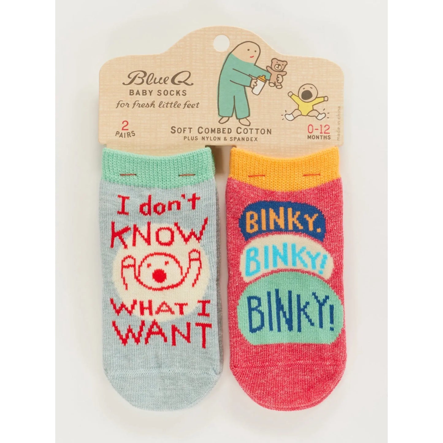I don’t know what I want, funny baby socks from Blue Q in organic cotton 