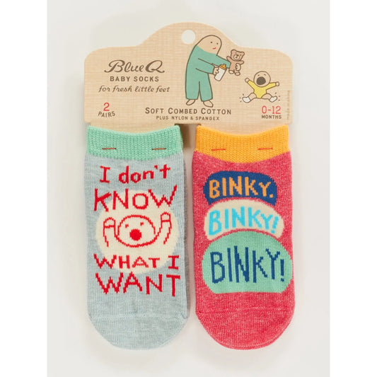I don’t know what I want, funny baby socks from Blue Q in organic cotton 