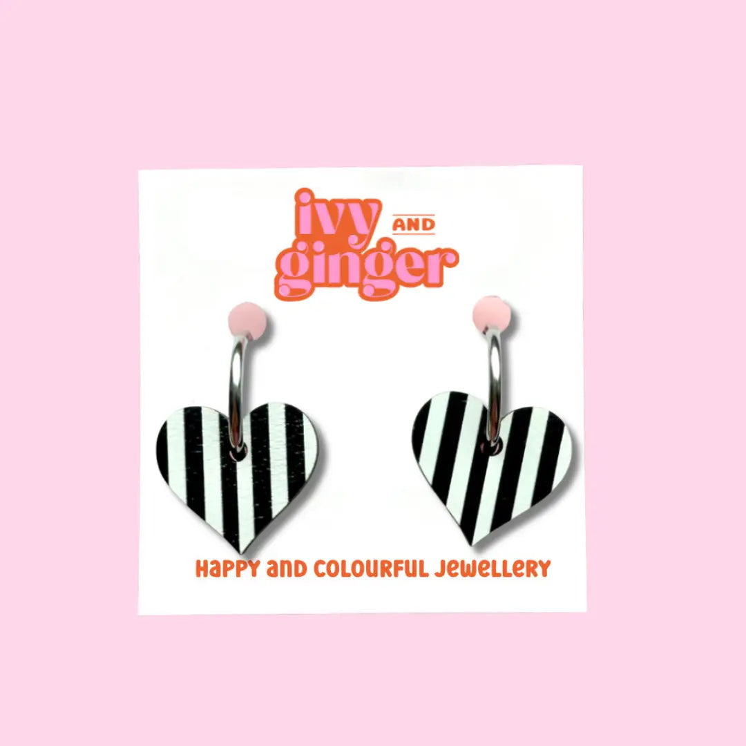 Black and White Monochrome Striped Heart | Handmade Wooden Earrings