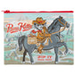 A Blue Q zipper pouch with an illustration of a cat wearing a cowboy hat riding a horse, with the text 'Boss Kitty' and 'ZIP IT TRAVEL POUCH'.