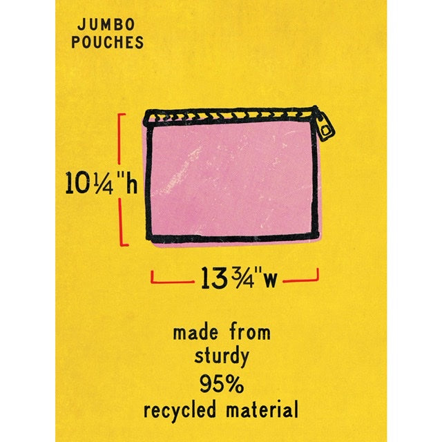 A diagram with the width and height of the Blue Q zipper pouch. The text reads 'made from sturdy 95% recycled material'