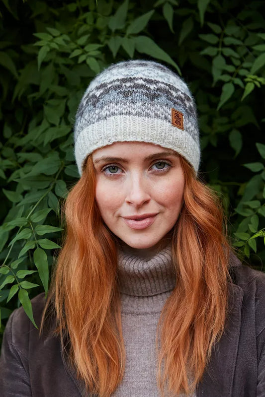 Pachamama Fairtrade Fairisle Style Handknitted Wool Beanie Hat | Neutral Greys