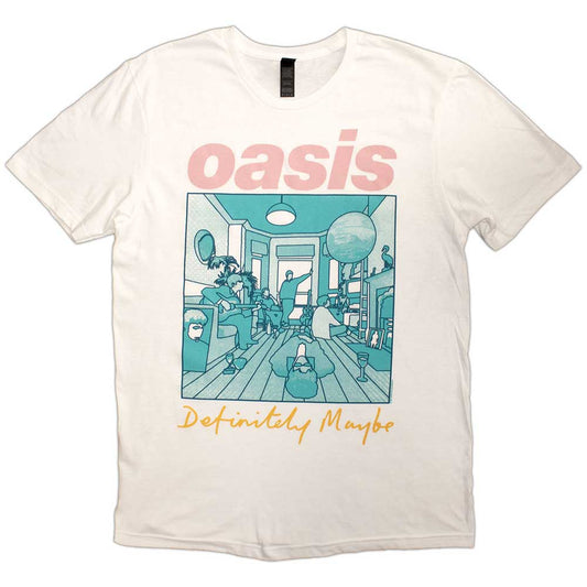 White t-shirt with 'oasis' and 'Definitely Maybe' graphic design on a white background