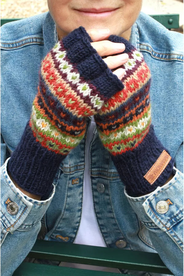 Pachamama Fairtrade Handknitted Fingerless Wool Gloves | Colorado Blue