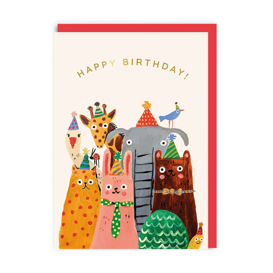 Birthday card with colorful animal illustrations wearing party hats on a white background.