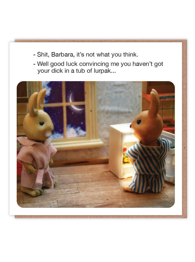 Two animated rabbit characters in a kitchen with humorous text overlay