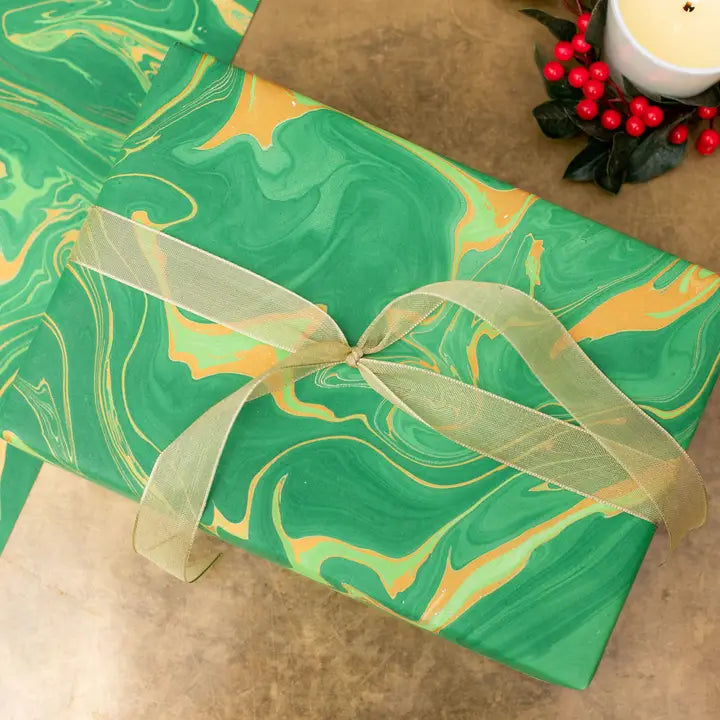 Free Spirit Emerald | Paper Mirchi Hand Marbled Wrapping Paper