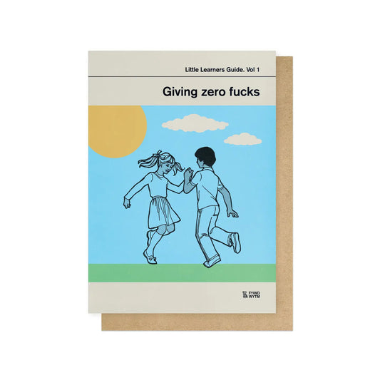 Card with illustration of two people holding hands and text 'Giving zero fucks' on a blue sky background.