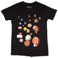 Black t-shirt with colourful floral designs and 'IDLES' branding on a plain background