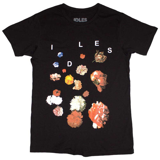 Black t-shirt with colourful floral designs and 'IDLES' branding on a plain background