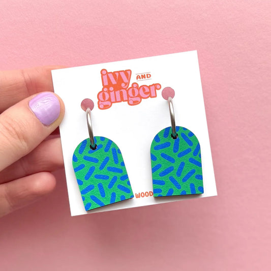 Green Dash Print Arch | Ivy And Ginger Wooden Earrings