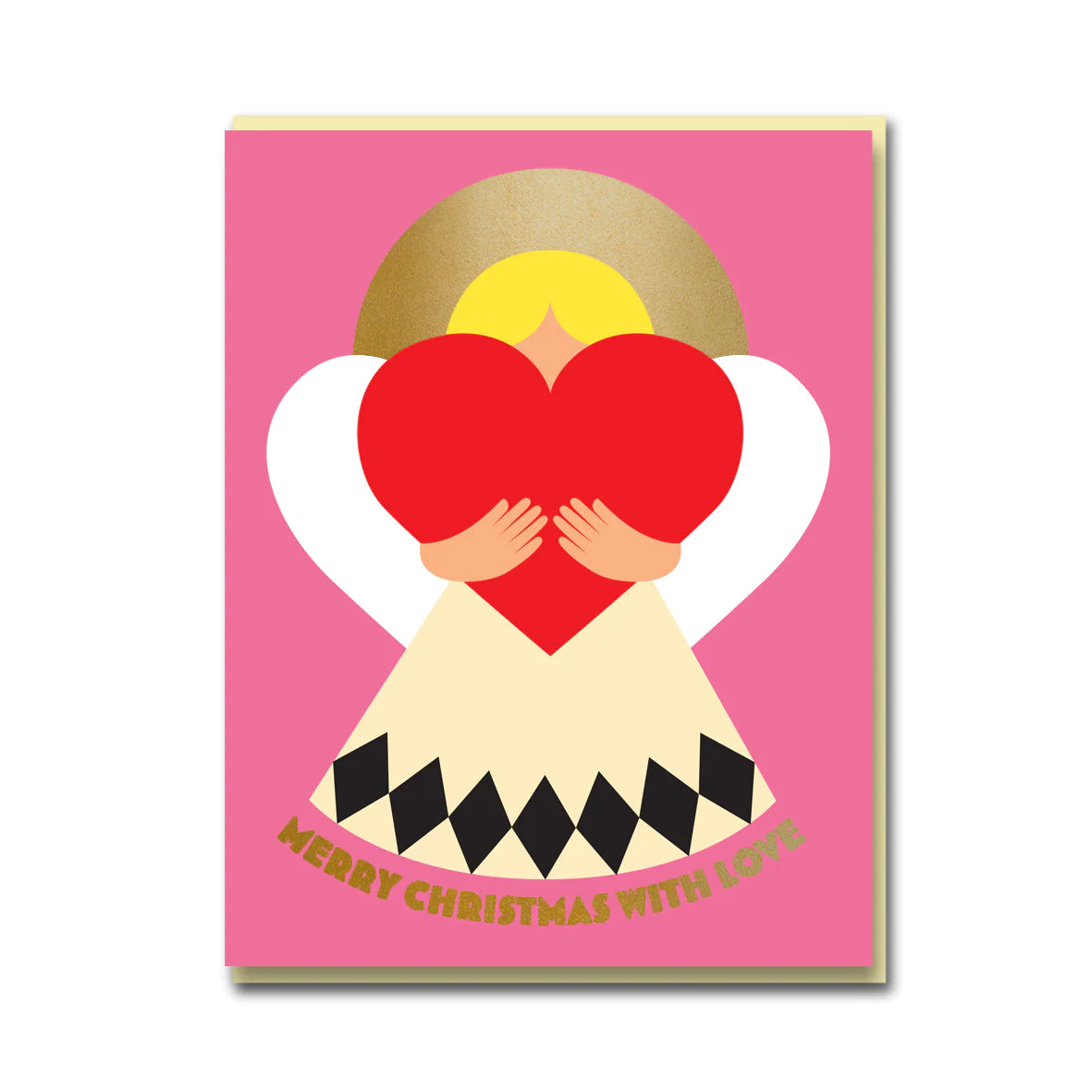 A pack of pink Christmas cards with an angel on the front holding a red heart. The text reads: Merry Christmas with love