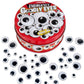 A red tin of emergency googly eyes that is surrounded by lots of different sized googly eyes. 