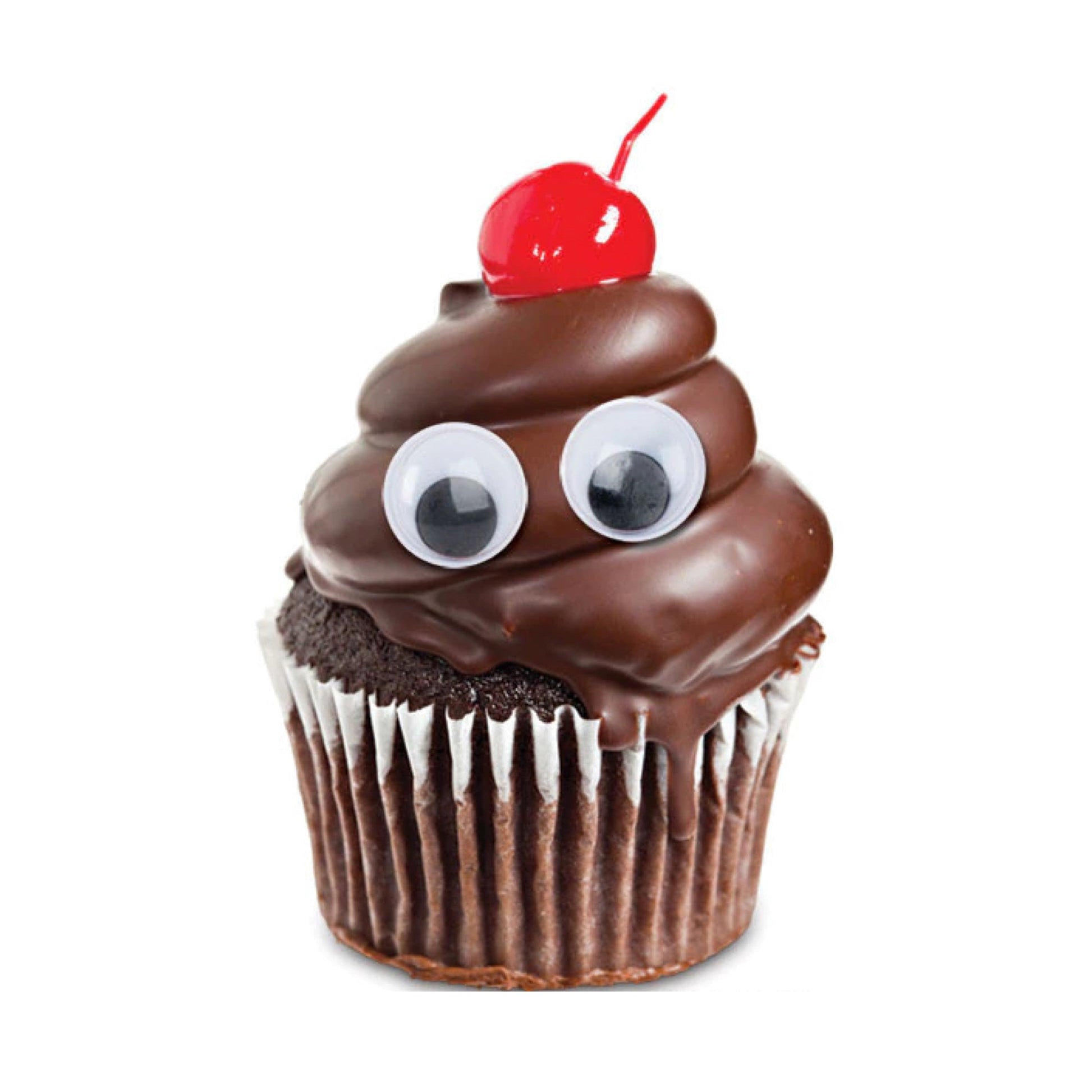 A pair of emergency googly eyes stuck on a chocolate cupcake with a red cherry on the top