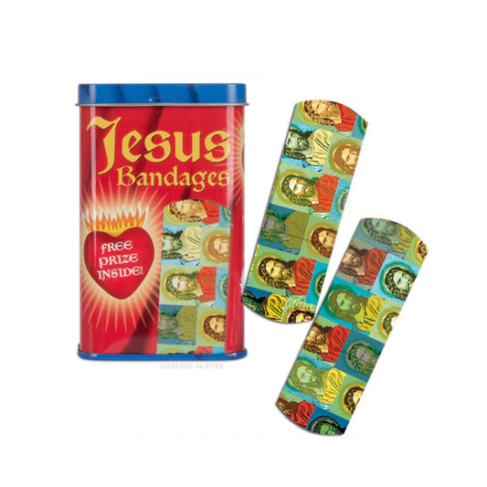 Red tin of sticking plasters, text reading Jesus Bandages. Sticking plasters detailed have images of Jesus printed on them.