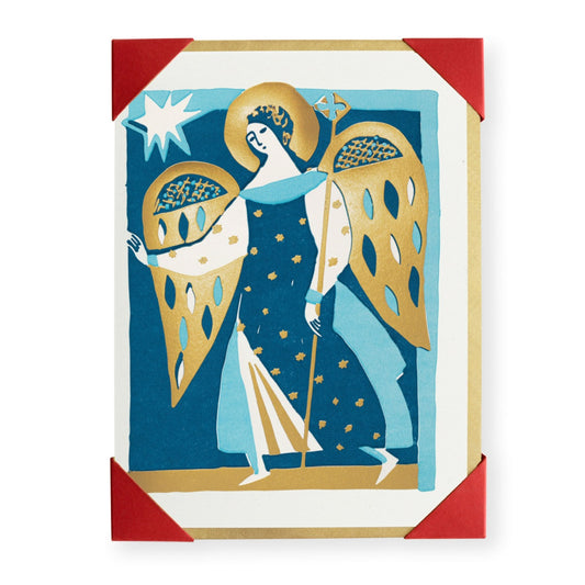  Archivist letterpress Christmas card pack with a blue and gold angel printed on the front 