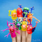 Eight different finger monster puppets on someone's hand. The monsters are all different colours and styles.