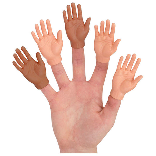 A hand with Archie McPhee finger hands on each of the fingers. 