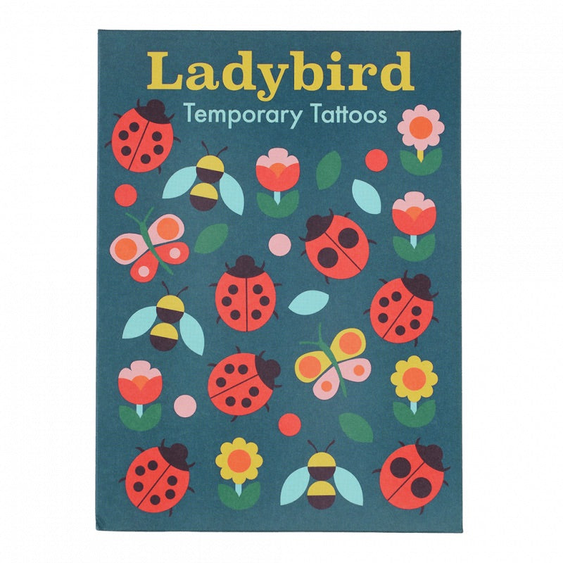 A blue packet of temporary tattoos with ladybirds bees and butterfly's. The text reads: Ladybird temporary tattoos. 