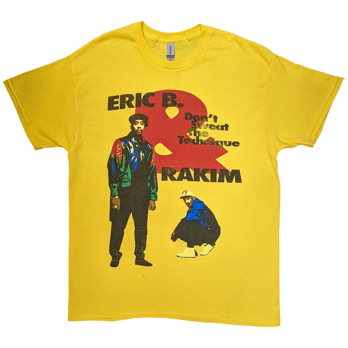 A Yellow Eric B. & Rakim Unisex T-Shirt featuring the 'Don't Sweat' design motif.  The print on the shirt is Black and red.