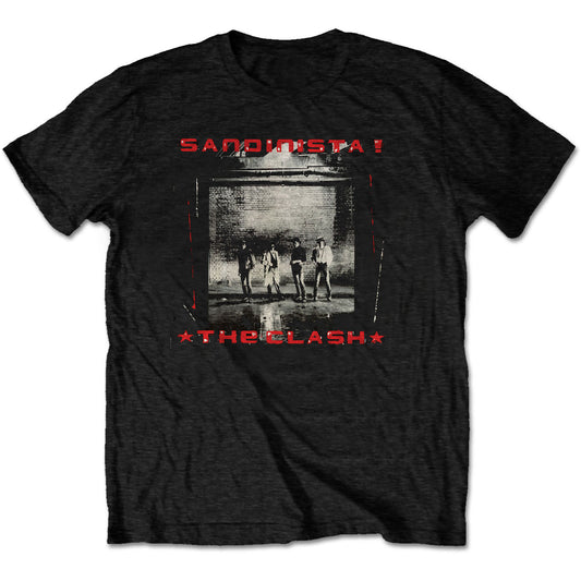 A Black Clash Unisex T-Shirt featuring the 'Sandinista!' design motif.  The print on the shirt is White and red.