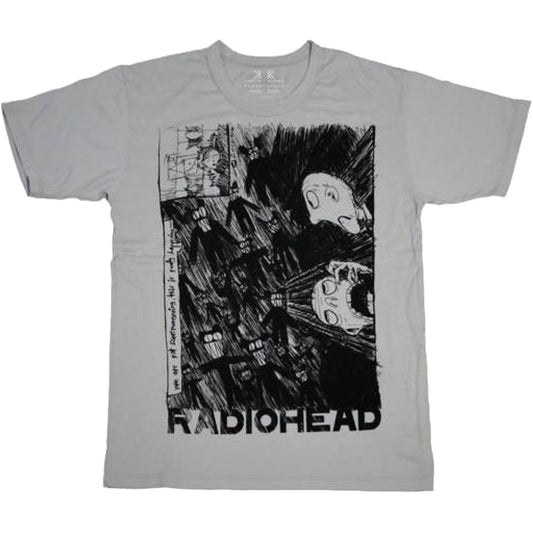 A Grey unisex t-shirt featuring the Radiohead 'Scribble' design motif. The print on the shirt is Black.